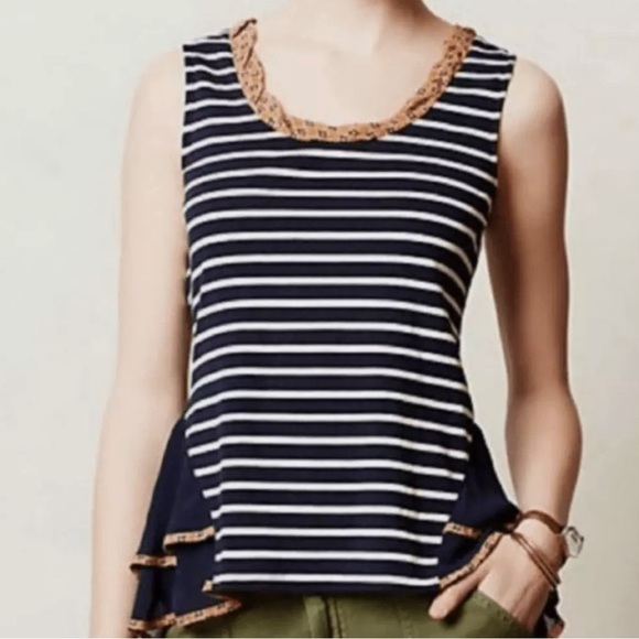 Anthropologie Tops - Anthropologie Postmark Navy and White Striped Top with Ruffle Detail Size Medium